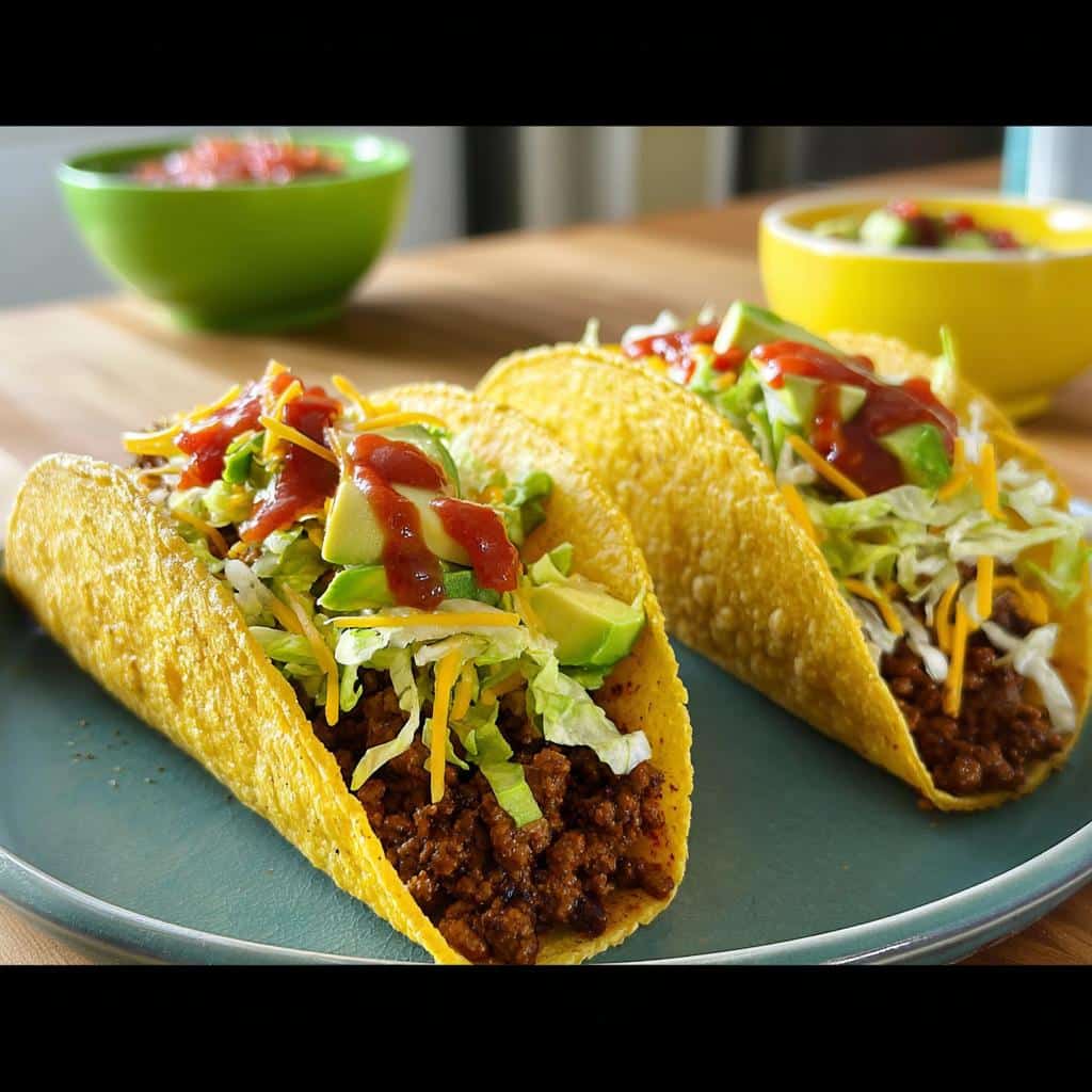Two fully loaded hard shell Quick Beef Tacos filled with seasoned ground beef, lettuce, cheese, avocado, and salsa.