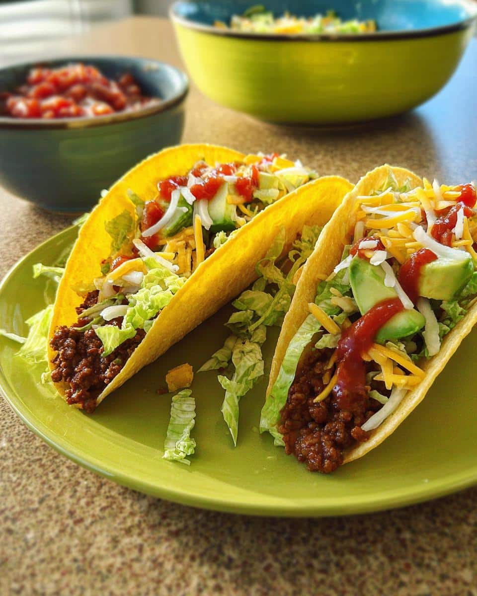 Two hard-shell Quick Beef Tacos filled with seasoned ground beef, lettuce, cheese, and salsa on a green plate.