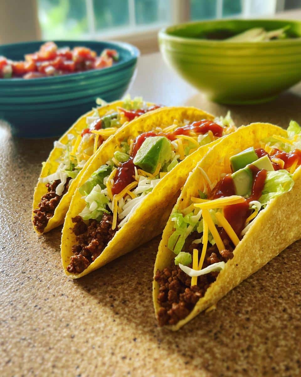 Three fully loaded Quick Beef Tacos with ground beef, lettuce, cheese, avocado, and salsa on a countertop.