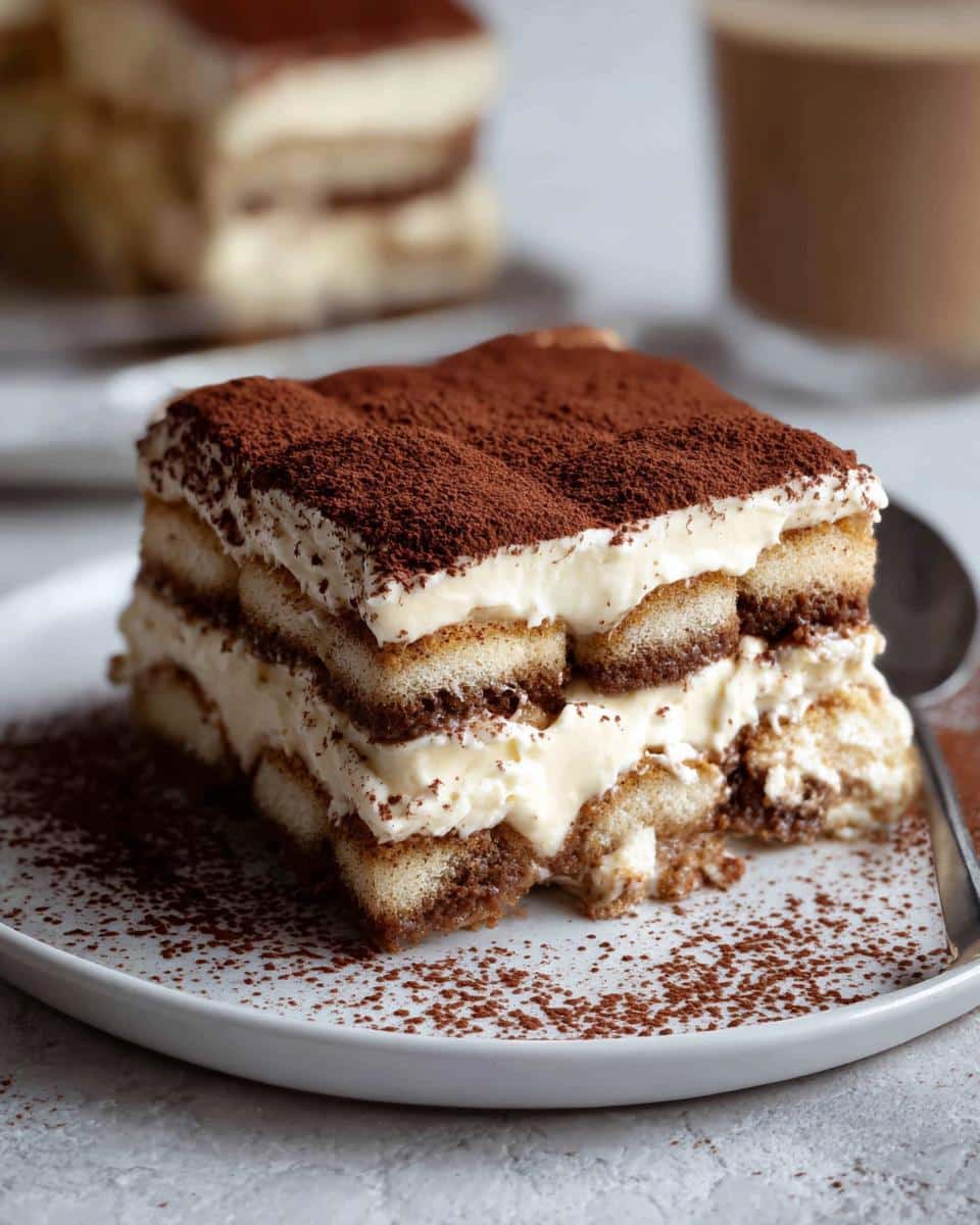 A perfect square slice of Quick Thermomix Tiramisu layered with cream and coffee-soaked biscuits, dusted heavily with cocoa powder.