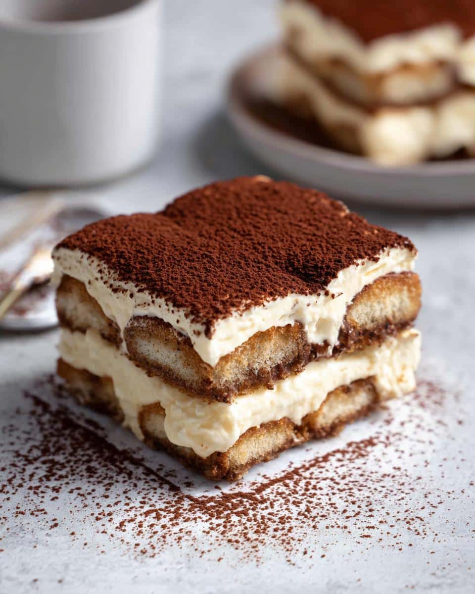 A perfect square serving of Quick Thermomix Tiramisu layered with cream and cocoa powder.