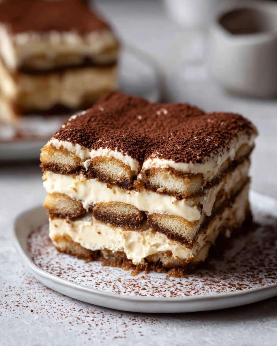 A rich slice of Quick Thermomix Tiramisu showing layers of cream and coffee-soaked ladyfingers, topped with cocoa powder.