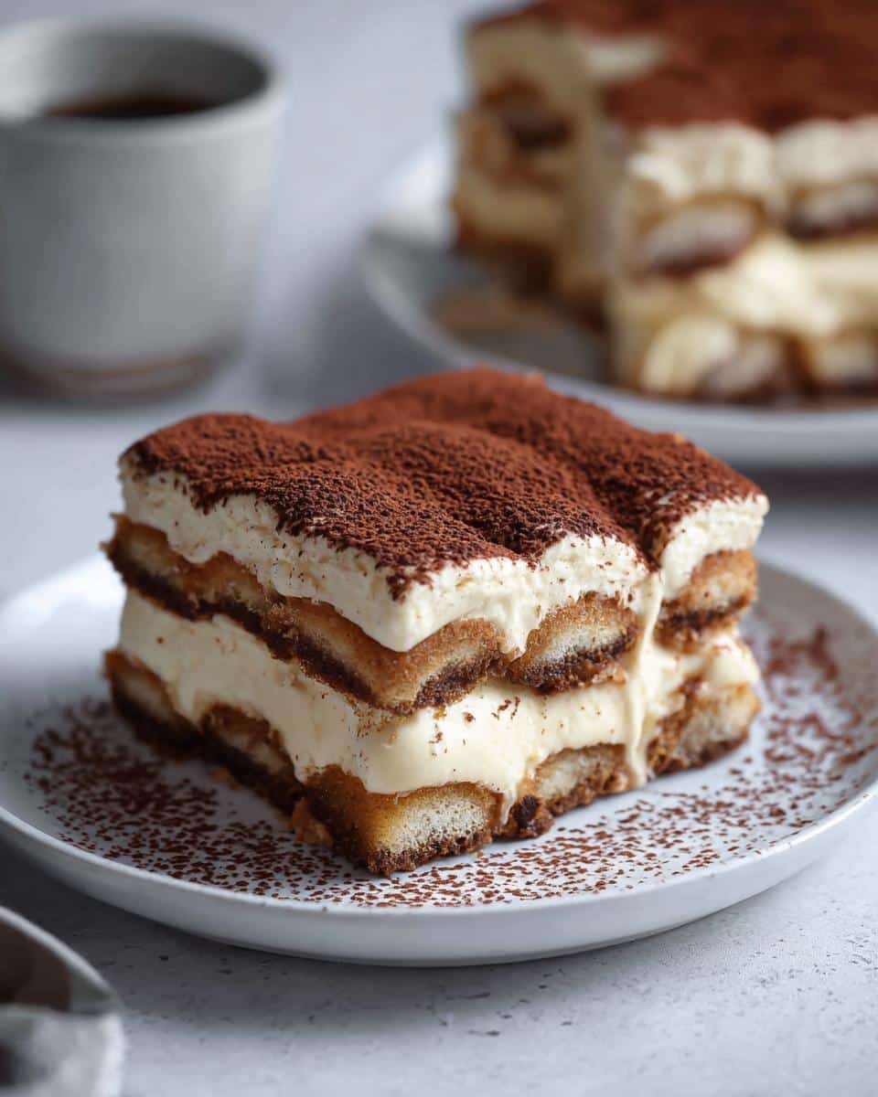 A decadent slice of Quick Thermomix Tiramisu layered with cream and dusted heavily with cocoa powder.