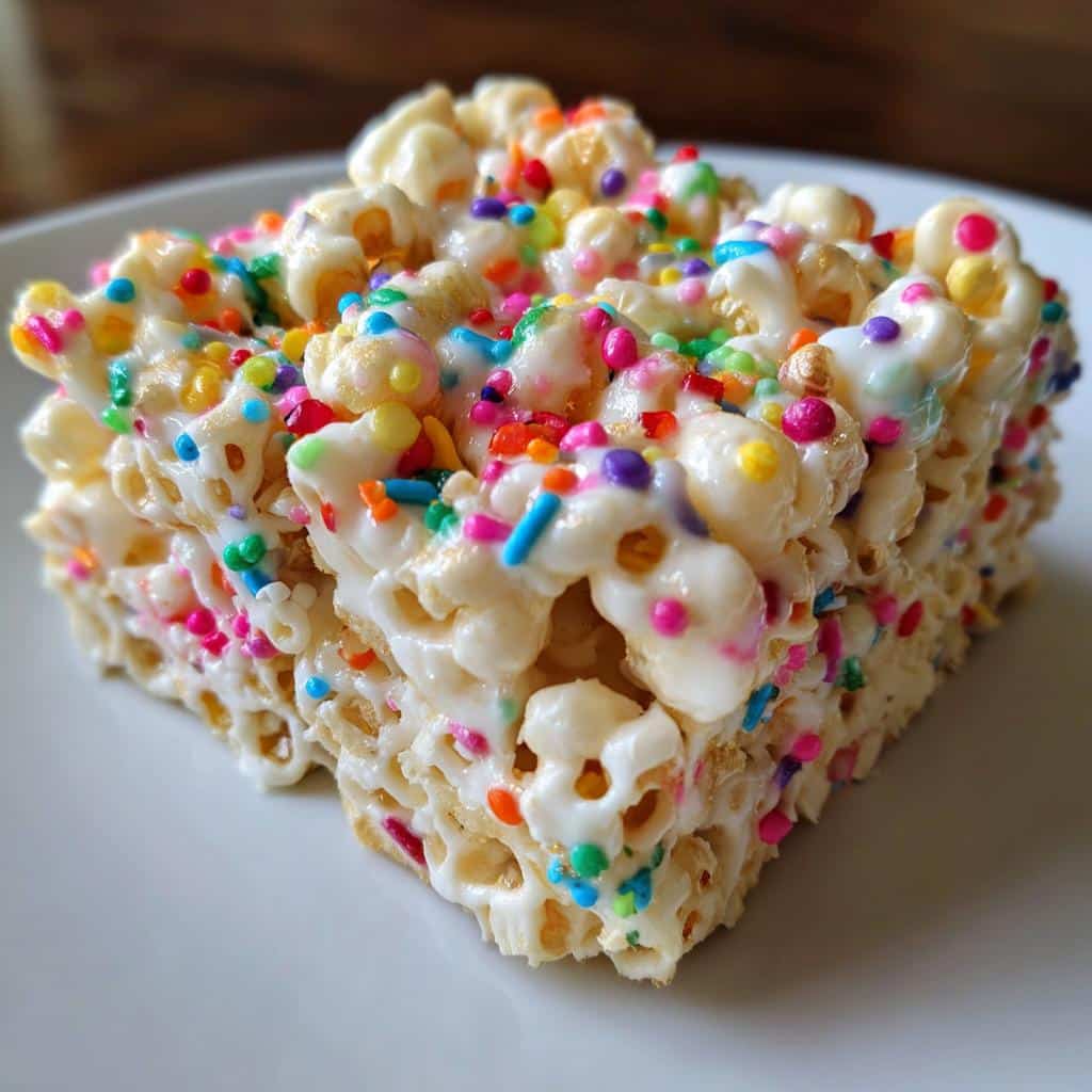 A close-up of a square treat made from Rainbow Sprinkle Marshmallow Popcorn, coated in white glaze and colorful sprinkles.