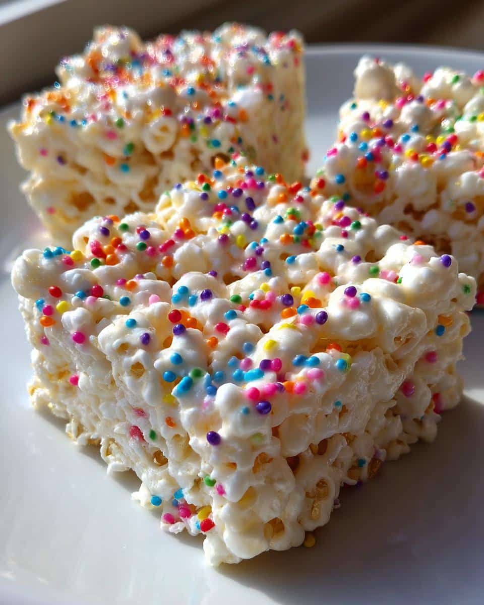 Three squares of sticky, white Rainbow Sprinkle Marshmallow Popcorn topped with bright, colorful nonpareils on a white plate.