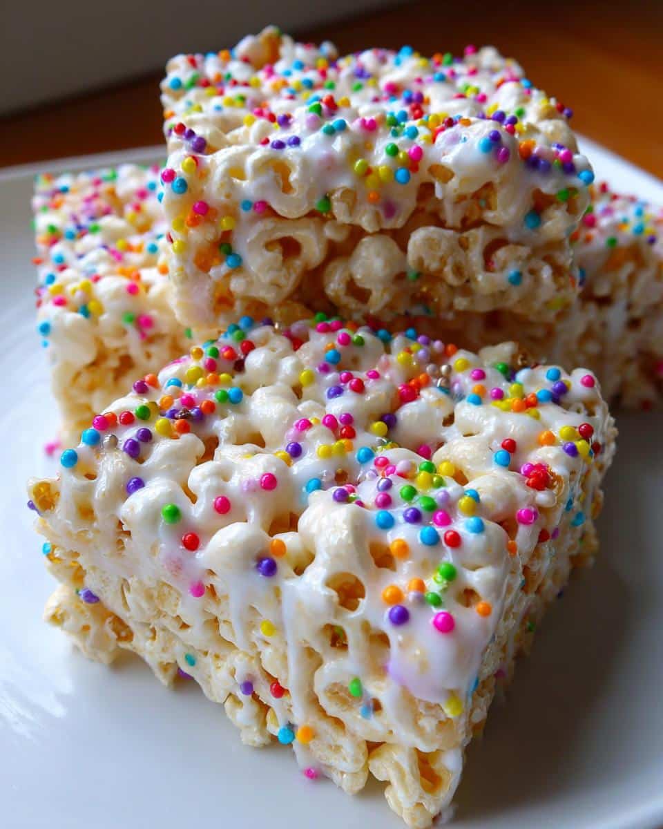 Close-up of three squares of Rainbow Sprinkle Marshmallow Popcorn topped with white glaze and colorful nonpareils.