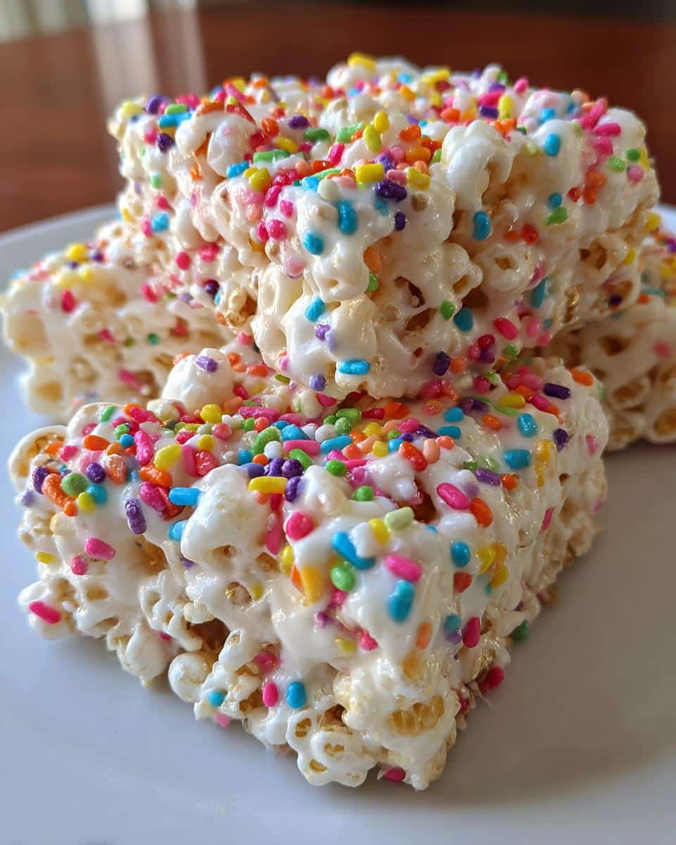 Close-up of three stacked Rainbow Sprinkle Marshmallow Popcorn treats covered in white glaze and colorful sprinkles.