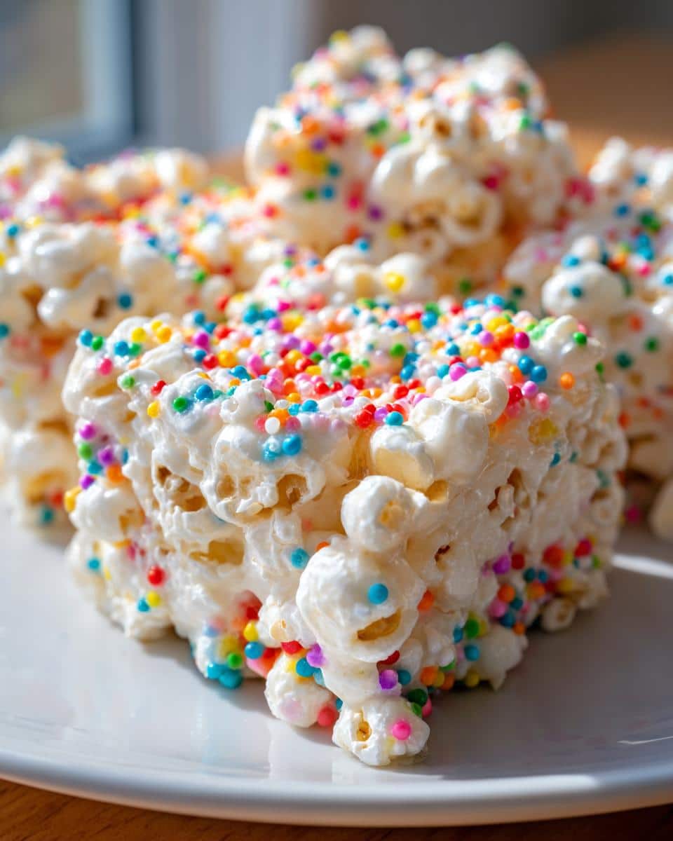 Close-up of a square serving of Rainbow Sprinkle Marshmallow Popcorn, coated in white marshmallow and covered in colorful sprinkles.