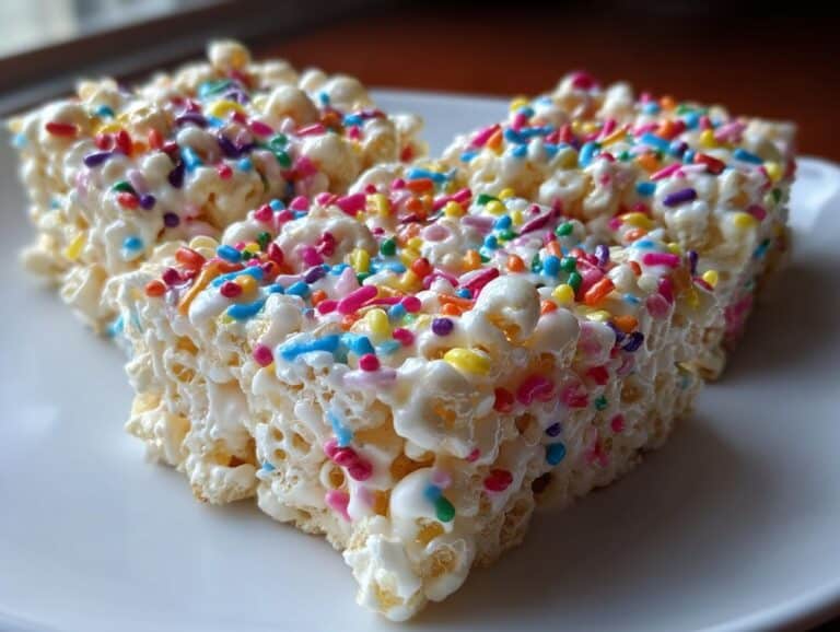 Two squares of Rainbow Sprinkle Marshmallow Popcorn treats, coated in marshmallow and topped with colorful sprinkles.