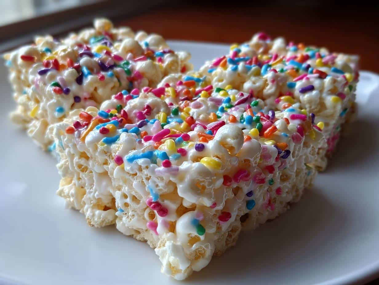 Two squares of Rainbow Sprinkle Marshmallow Popcorn treats, coated in marshmallow and topped with colorful sprinkles.