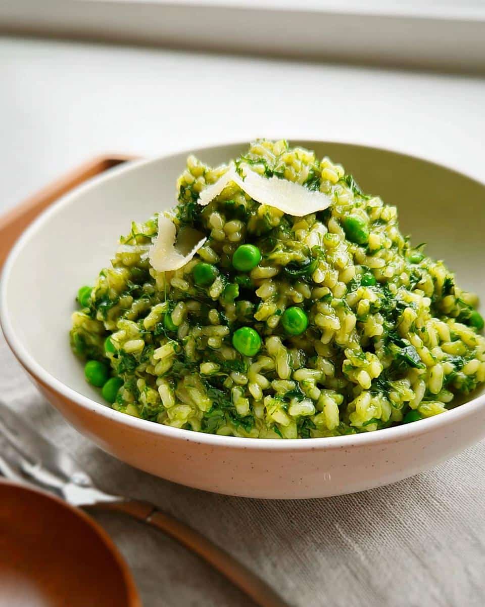 Close-up of creamy Risotto with Spinach and Peas, topped with shaved Parmesan cheese, served in a white bowl.