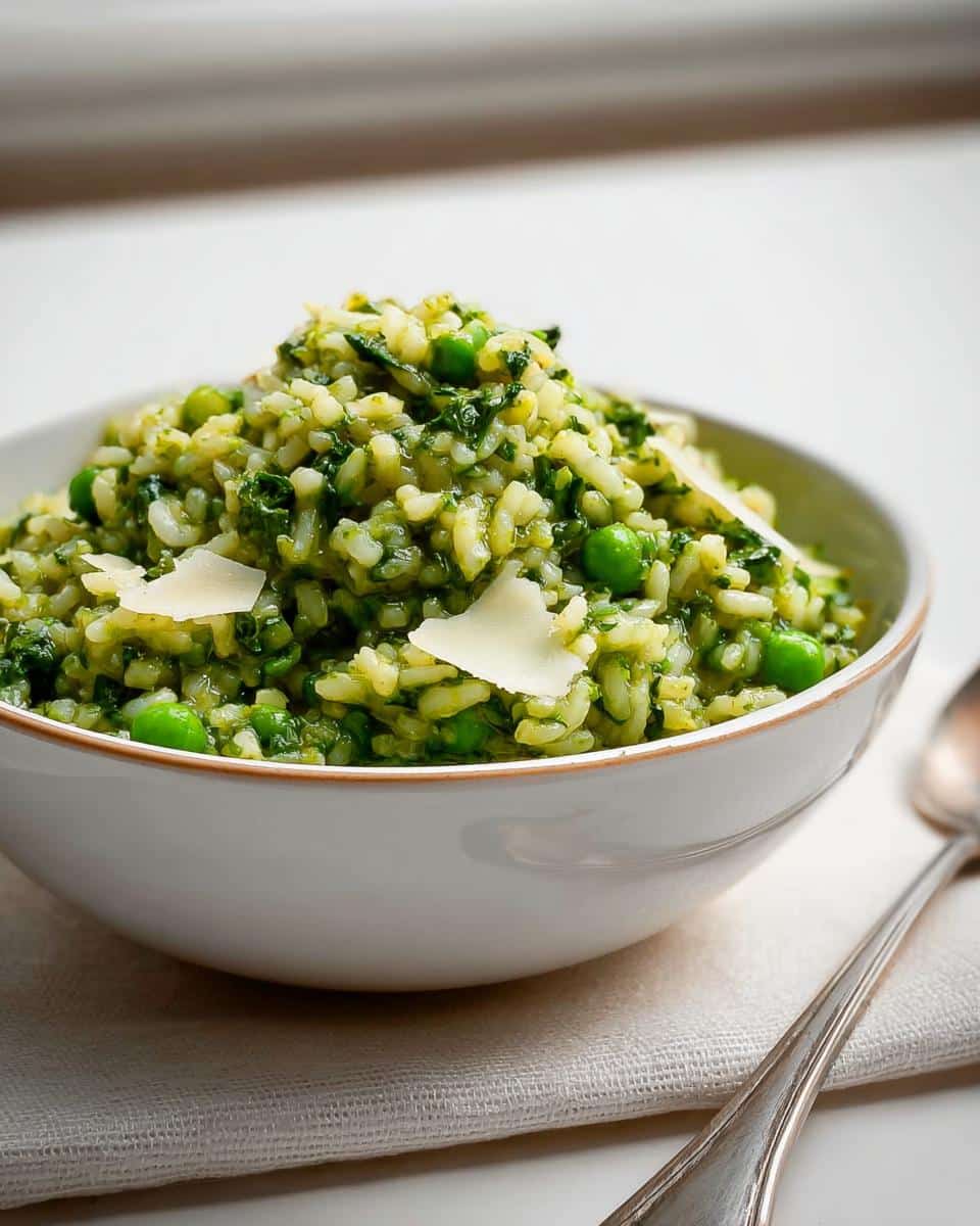 A close-up of creamy Risotto with Spinach and Peas in a white bowl, topped with Parmesan shavings.