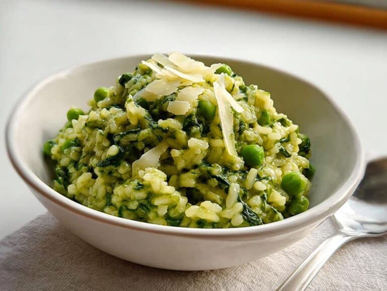A close-up of creamy Risotto with Spinach and Peas in a white bowl, topped with shaved Parmesan cheese.