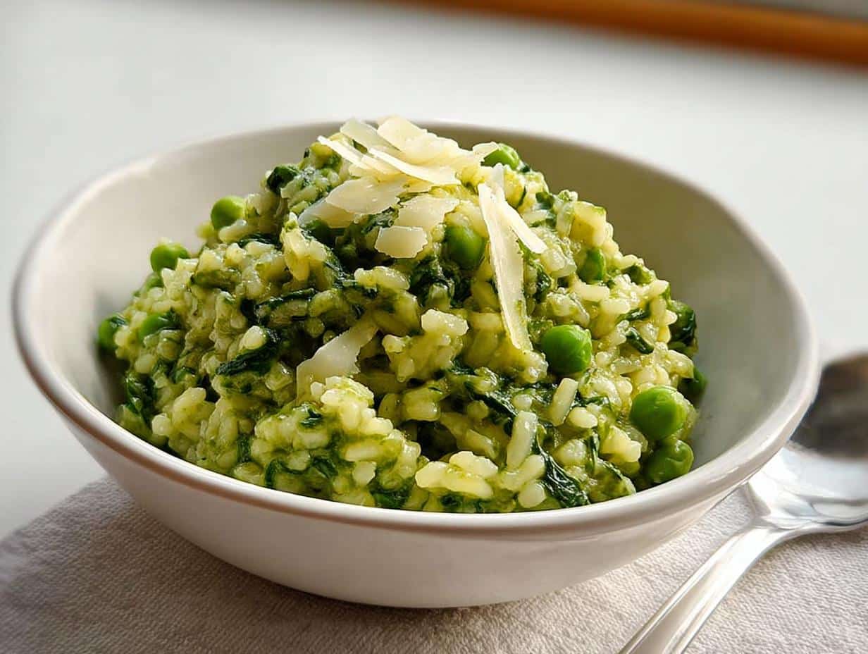 A close-up of creamy Risotto with Spinach and Peas in a white bowl, topped with shaved Parmesan cheese.