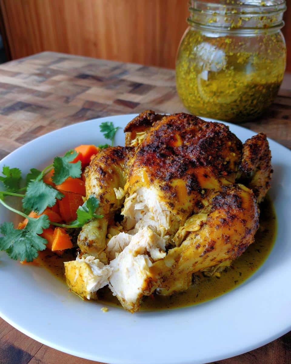 A roasted chicken, partially carved, served with carrots and cilantro, next to a jar of green curry paste for Thermomix Thai Green Curry Chicken.