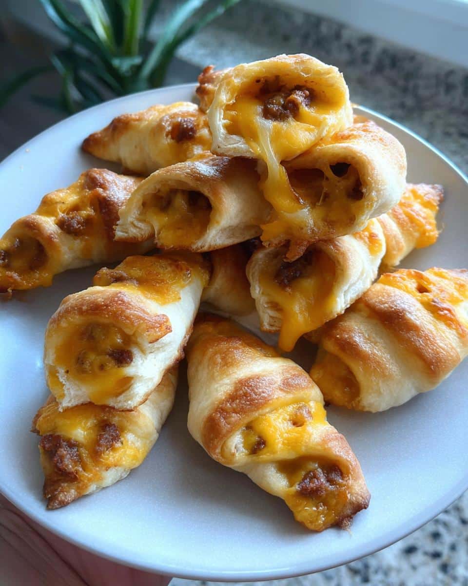 A stack of golden brown Sausage & Cheese Crescent Bites with gooey melted cheddar cheese spilling out.