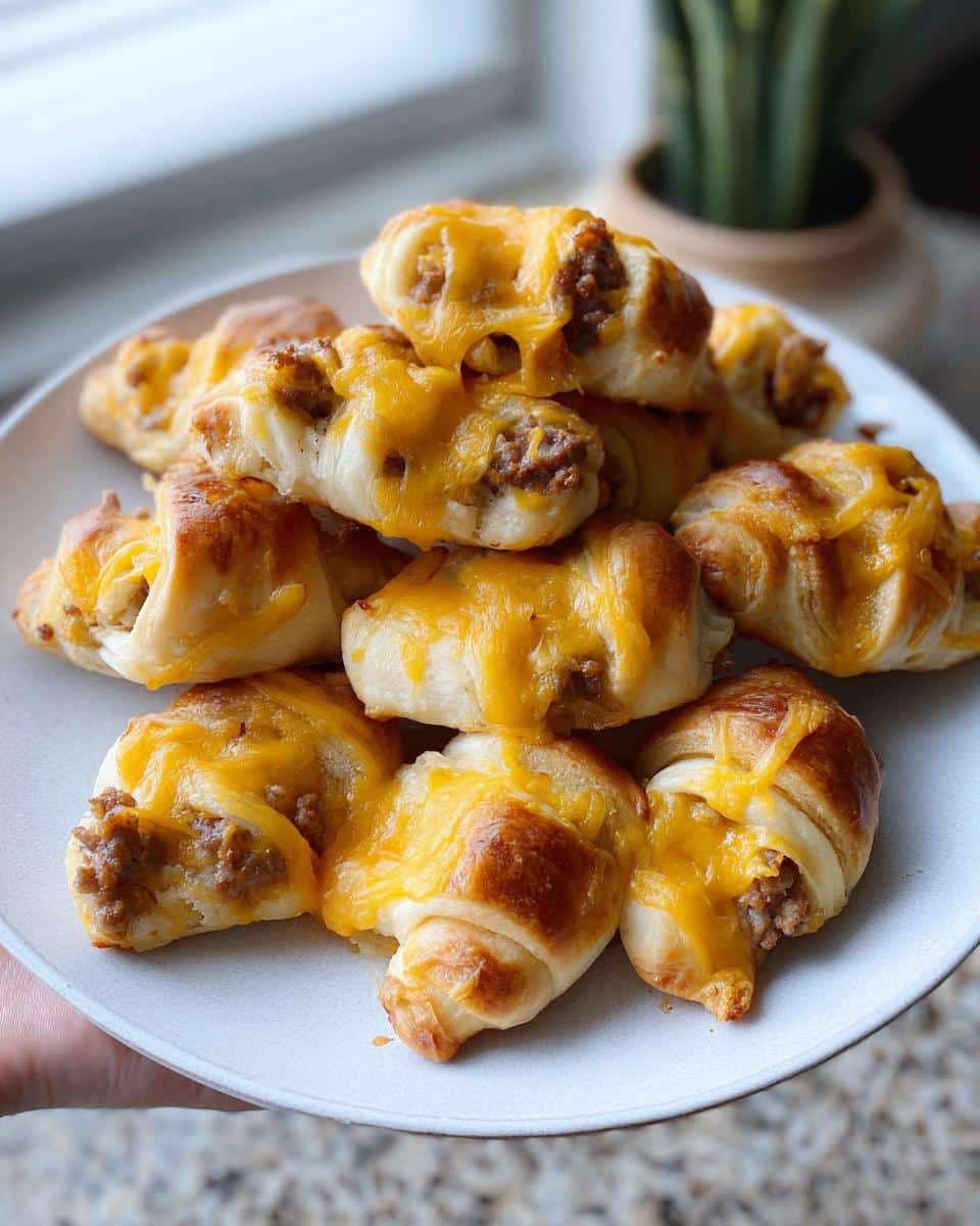 A close-up of several golden-brown Sausage & Cheese Crescent Bites piled high on a light gray plate.