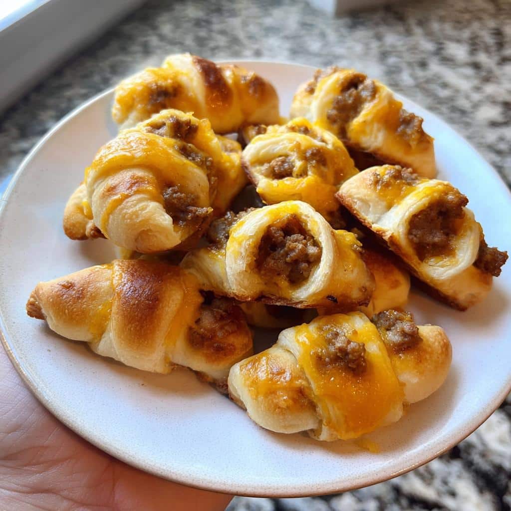 A plate piled high with freshly baked Sausage & Cheese Crescent Bites, showing flaky pastry and melted cheddar.