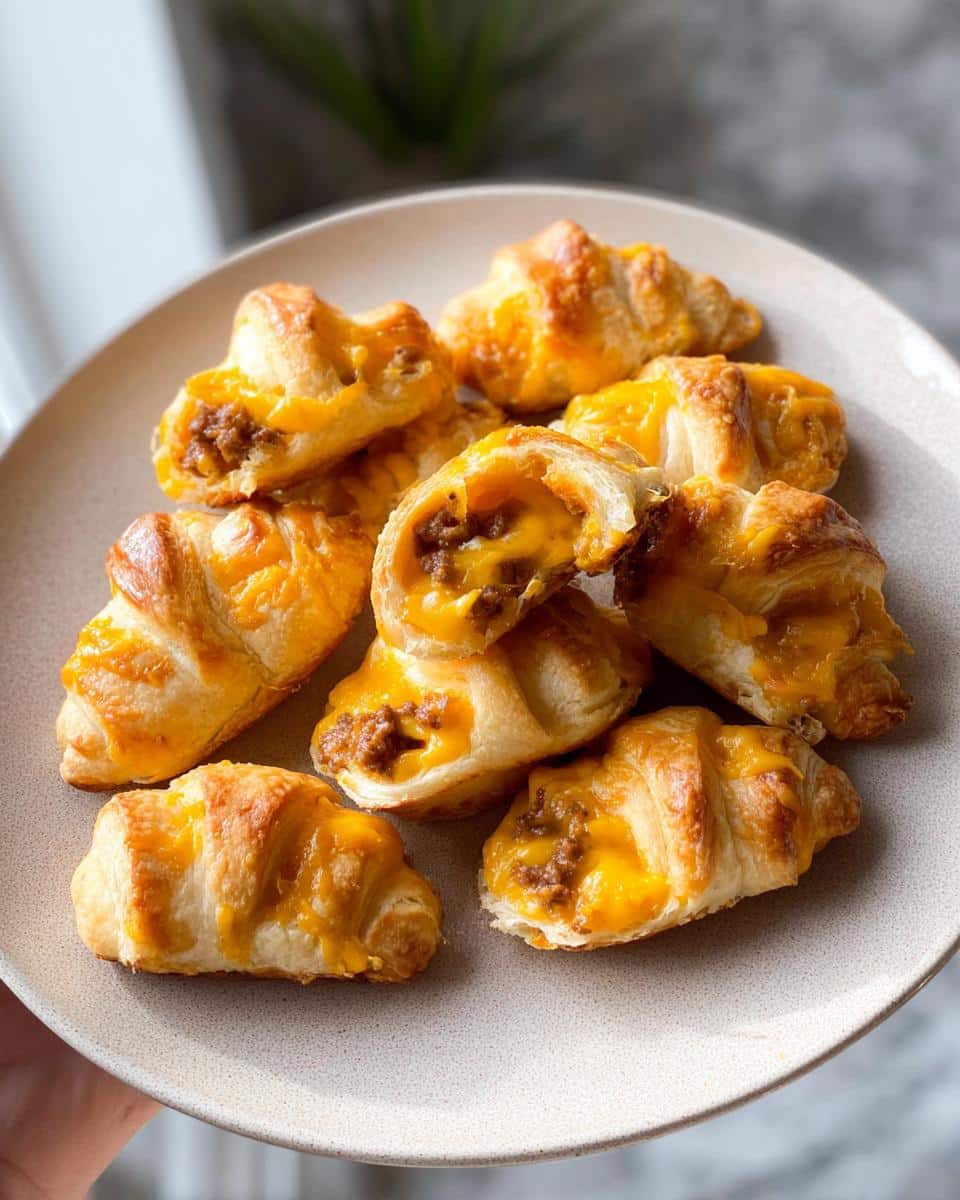 A plate piled high with golden brown Sausage & Cheese Crescent Bites, showing melted cheddar cheese and savory filling.