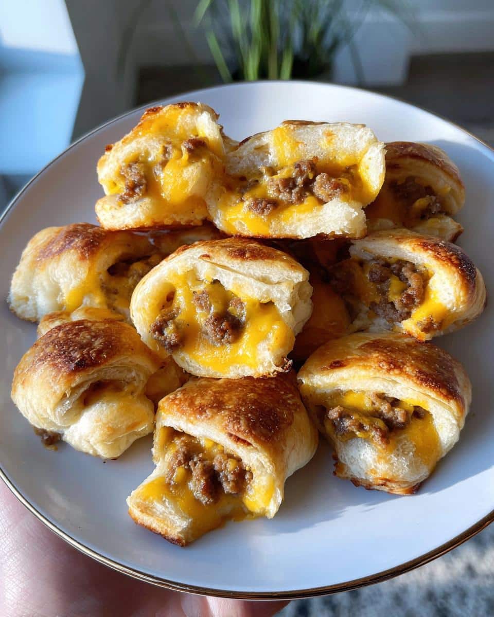 A plate piled high with golden brown Sausage & Cheese Crescent Bites, showing the melted cheese and sausage filling.