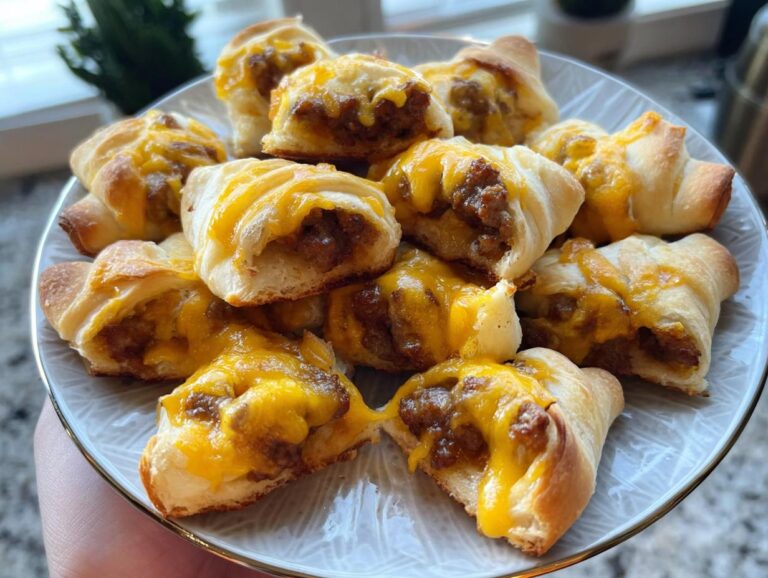 A plate piled high with golden brown Sausage & Cheese Crescent Bites topped with melted cheddar cheese.