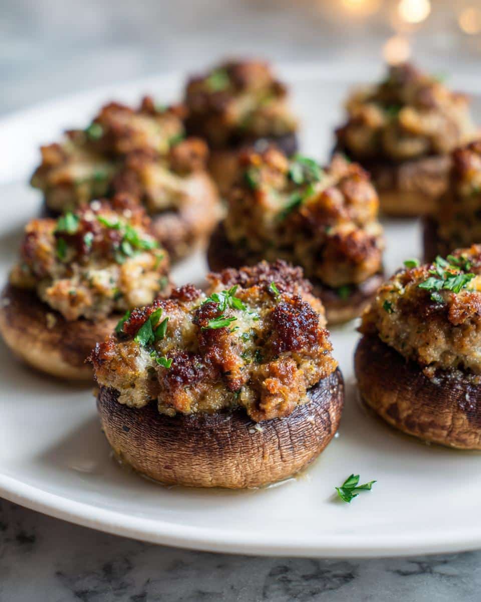 A plate of perfectly baked Sausage Stuffed Mushrooms, topped with browned sausage filling and fresh parsley.