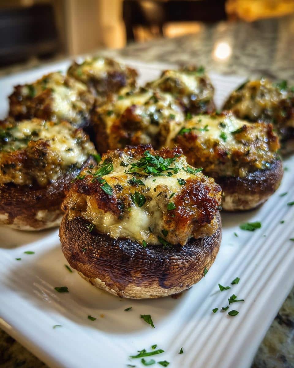 Close-up of baked Sausage Stuffed Mushrooms topped with melted cheese and fresh parsley on a white platter.
