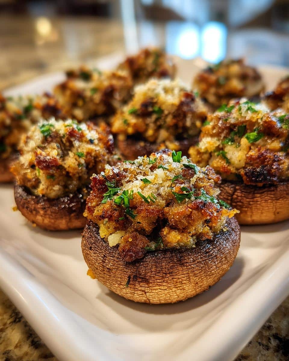 A close-up of baked Sausage Stuffed Mushrooms, generously topped with breadcrumbs and fresh parsley, arranged on a white serving dish.