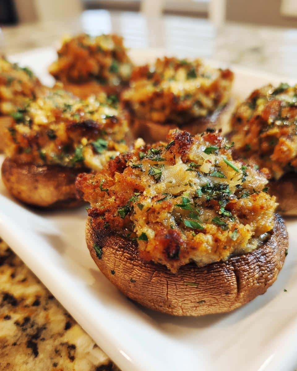Close-up of baked Sausage Stuffed Mushrooms topped with golden breading and fresh parsley on a white serving dish.