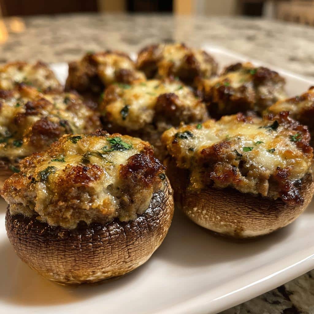 Close-up of baked Sausage Stuffed Mushrooms topped with melted cheese and parsley on a white serving dish.