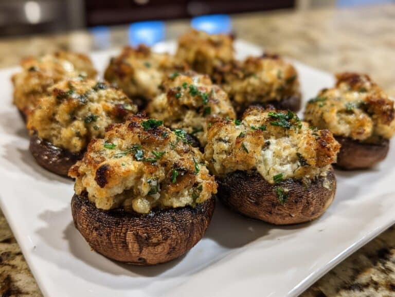 Close-up of several golden brown Sausage Stuffed Mushrooms garnished with fresh parsley on a white serving dish.