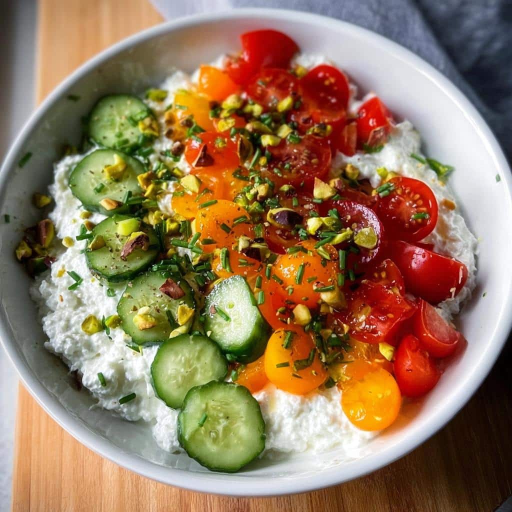 A vibrant Savory Cottage Cheese Bowl topped with sliced cucumbers, halved cherry tomatoes, chopped pistachios, and chives.