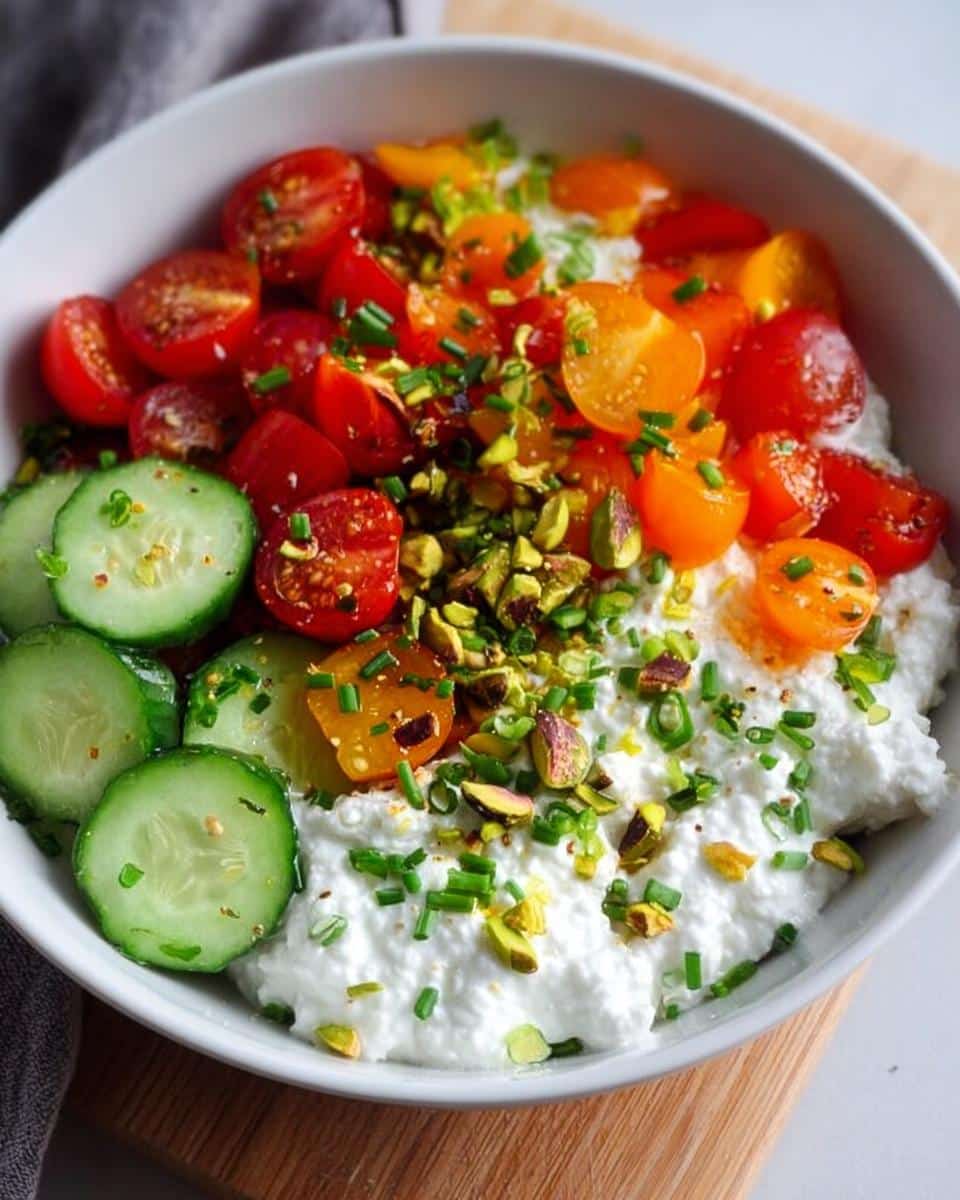 Close-up of a Savory Cottage Cheese Bowl topped with sliced cherry tomatoes, cucumbers, pistachios, and chives.