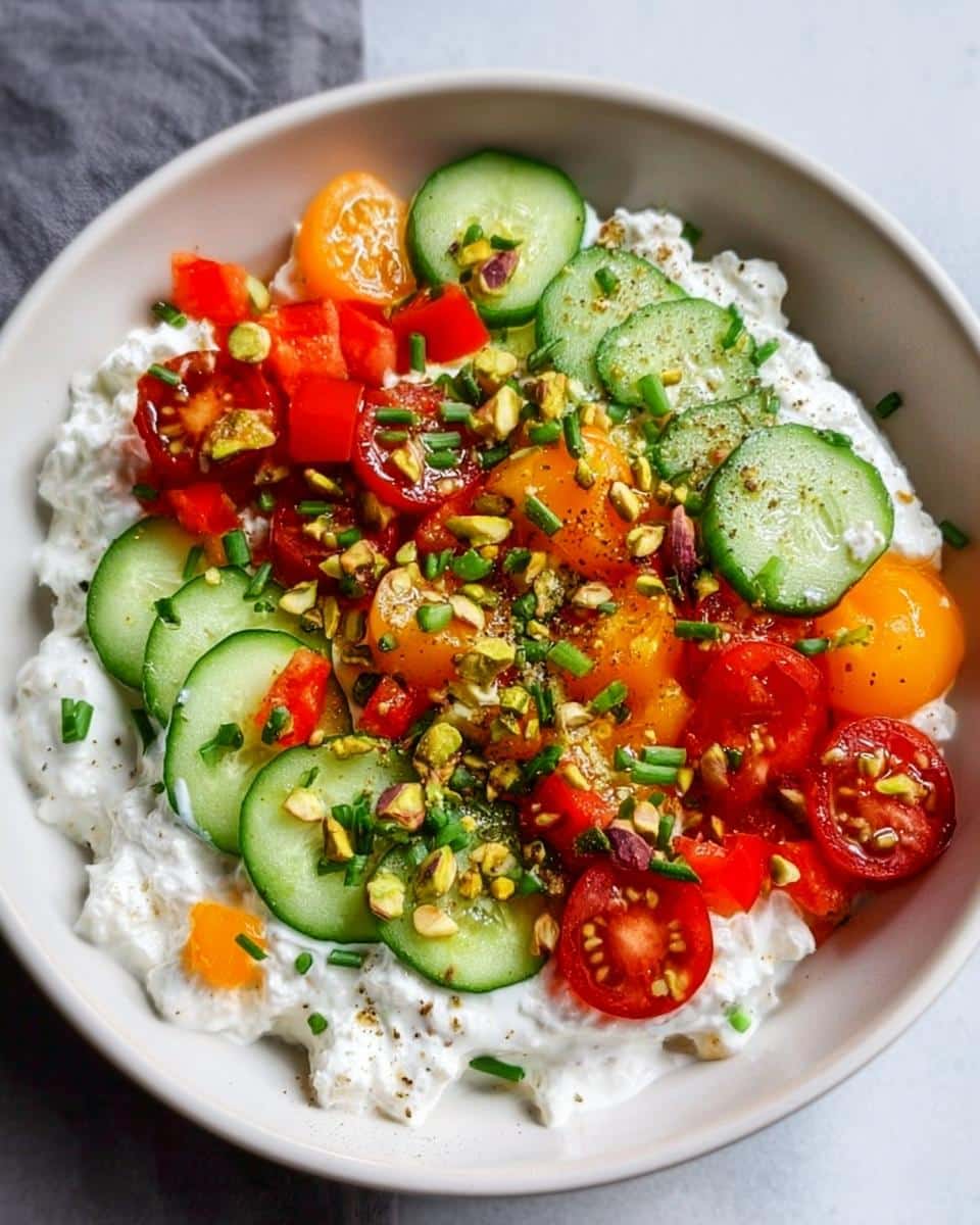 Overhead view of a Savory Cottage Cheese Bowl topped with sliced cucumbers, cherry tomatoes, and chopped pistachios.