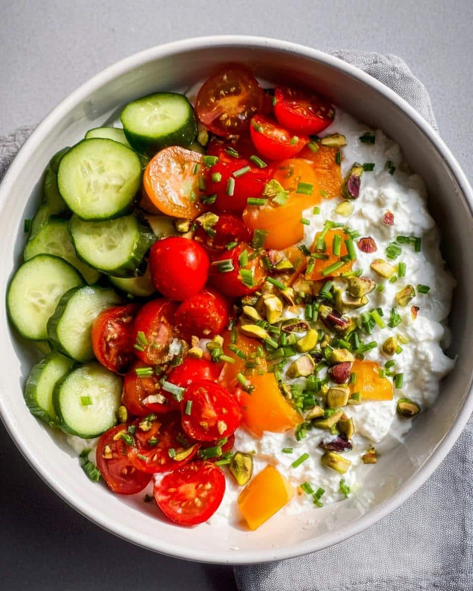 Overhead view of a Savory Cottage Cheese Bowl topped with sliced cucumbers, colorful cherry tomatoes, pistachios, and chives.