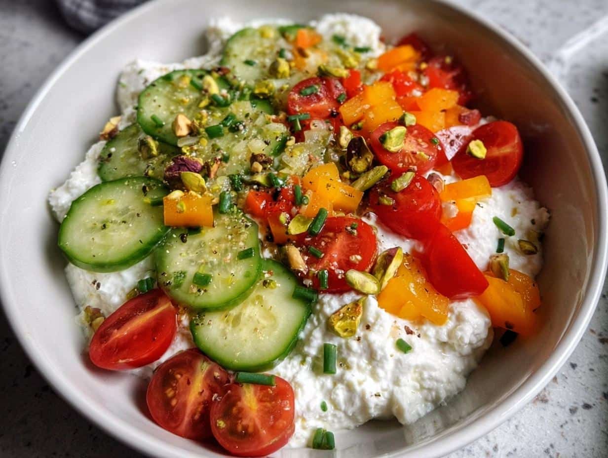 Close-up of a Savory Cottage Cheese Bowl topped with sliced cucumbers, cherry tomatoes, and pistachios.