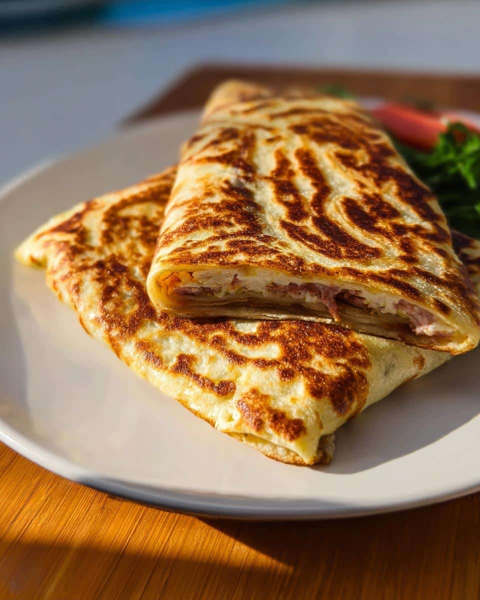Two folded Cottage Cheese Flatbread Wrap halves stacked on a white plate, showing a savory filling of meat and cheese.
