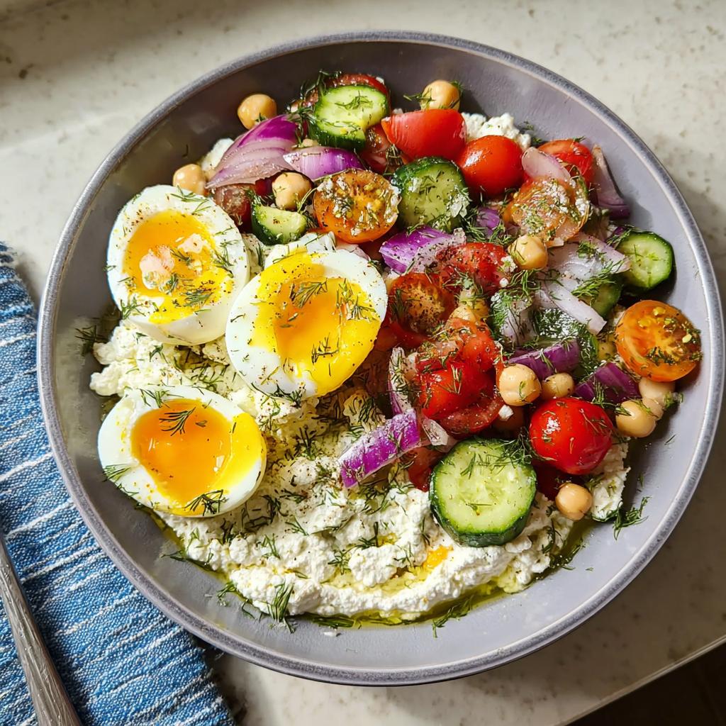 Overhead view of a savory Cottage Cheese Protein Bowl topped with soft-boiled eggs, tomatoes, cucumbers, red onion, and dill.