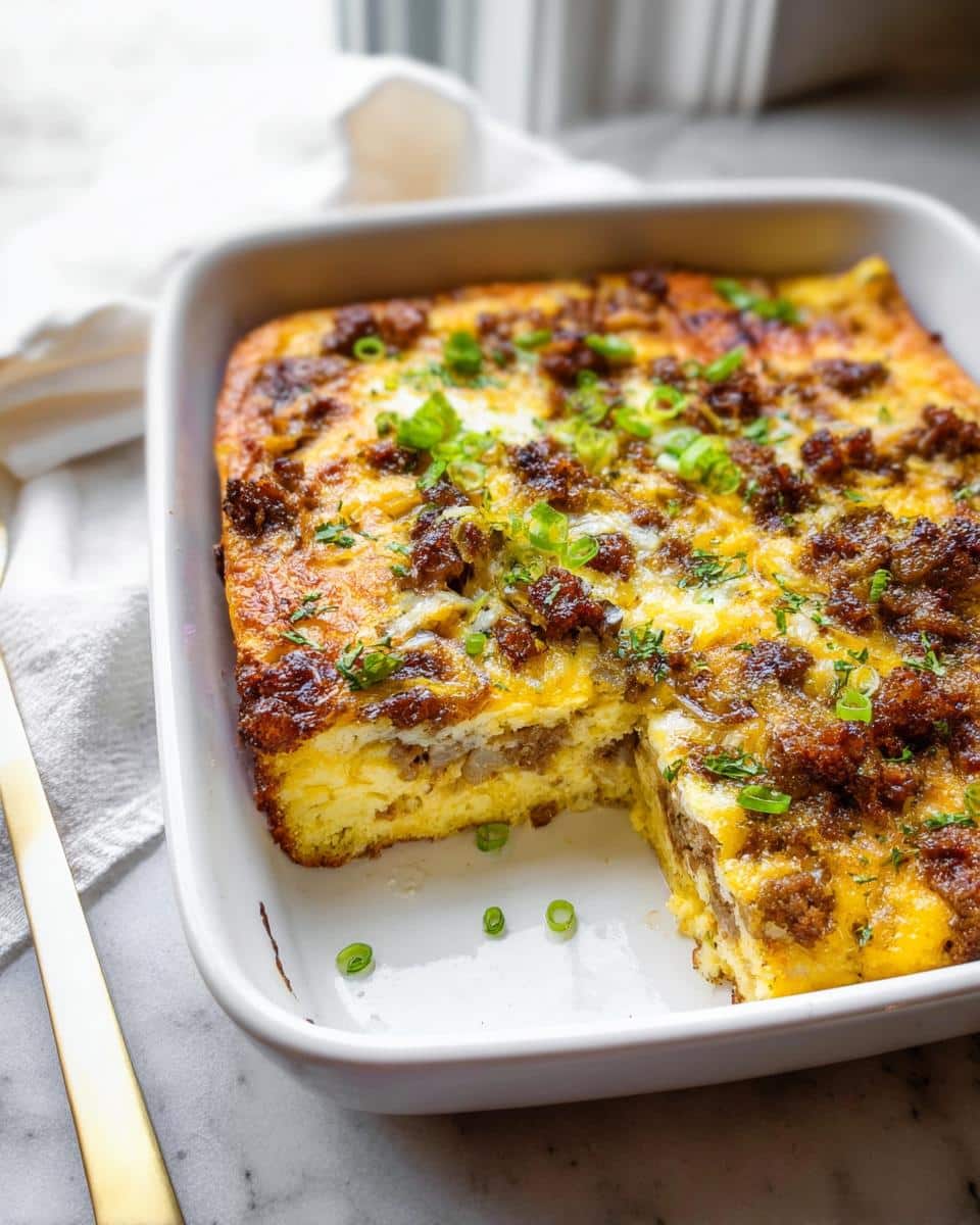 A square portion of Savory Gluten-Free Breakfast Casserole topped with sausage and green onions in a white baking dish.
