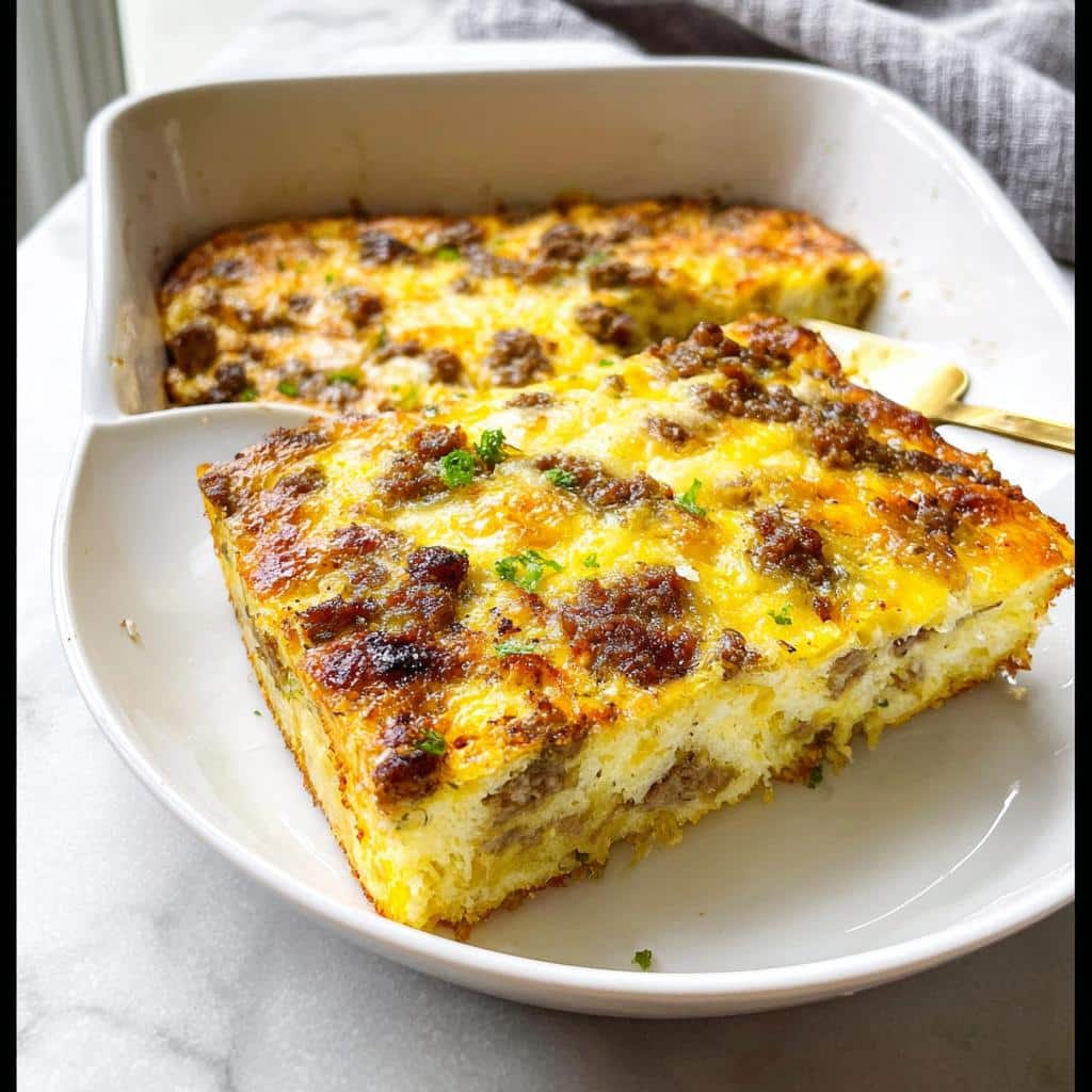 A thick slice of Savory Gluten-Free Breakfast Casserole topped with browned sausage and melted cheese.