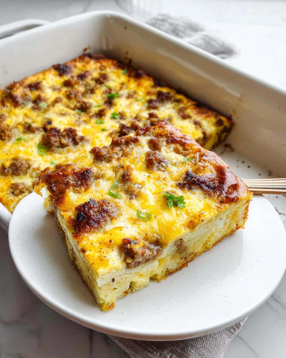 A square slice of Savory Gluten-Free Breakfast Casserole with sausage and melted cheese on a white plate.