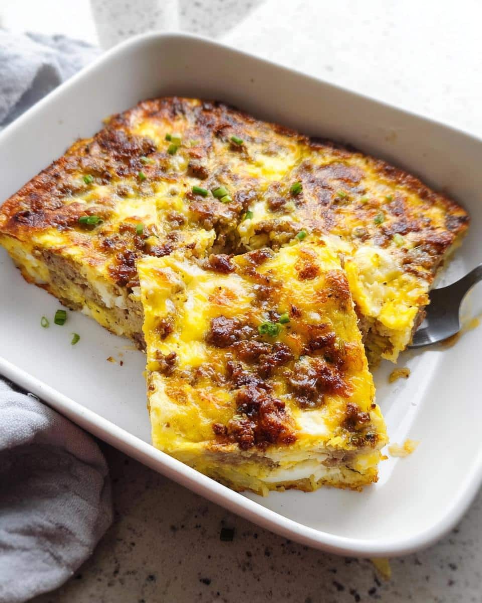 A square portion of Savory Gluten-Free Breakfast Casserole with browned sausage and melted cheese being lifted from a white baking dish.