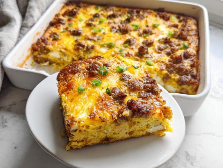 A thick slice of Savory Gluten-Free Breakfast Casserole topped with melted cheese and sausage, served on a plate.