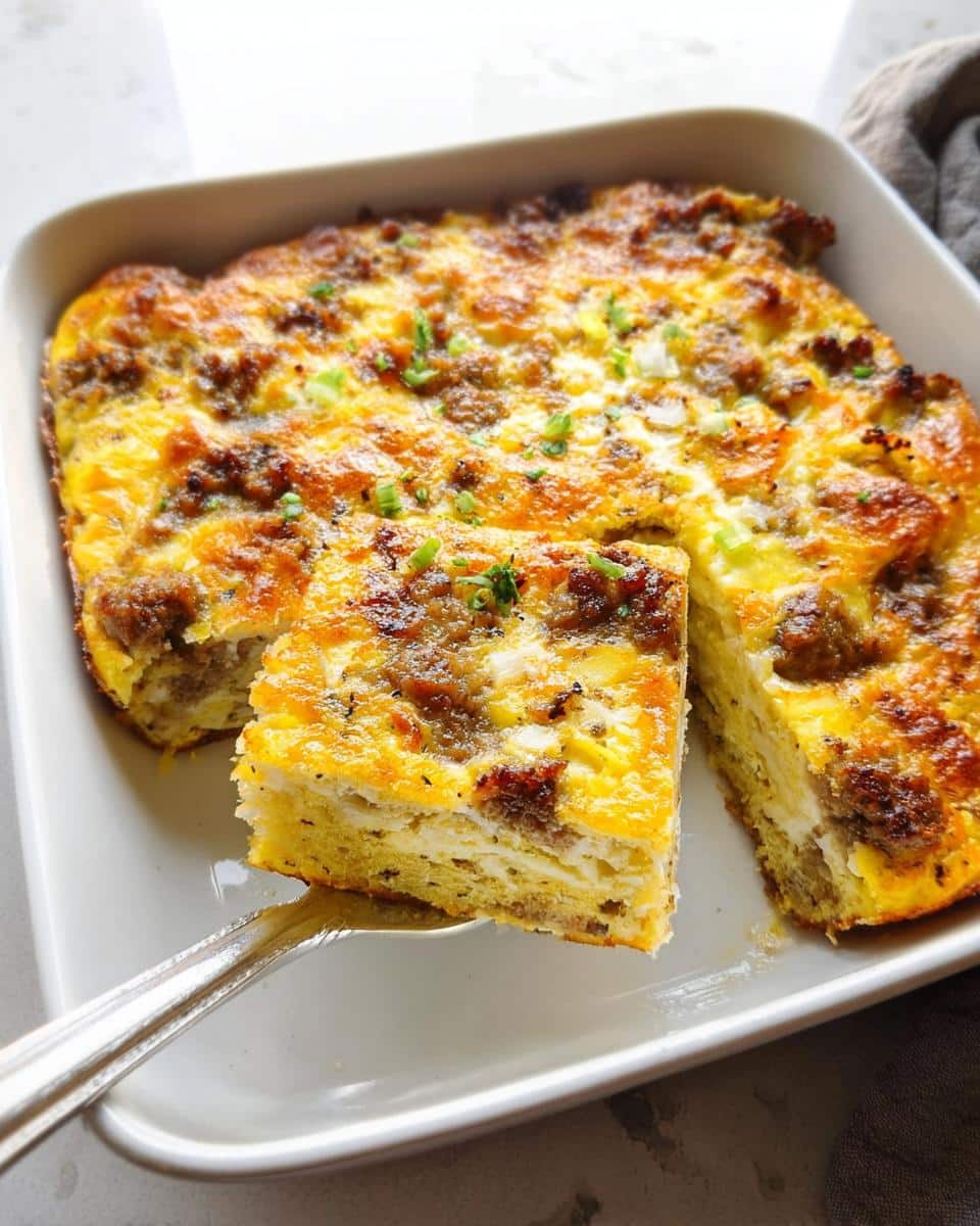 A square slice being lifted from a baked Savory Gluten-Free Breakfast Casserole topped with sausage and cheese.