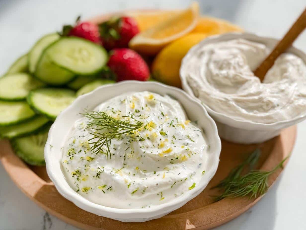 Two bowls of Greek Yogurt Snack Cups dips, one savory with dill and lemon zest, served with fresh cucumbers and strawberries.
