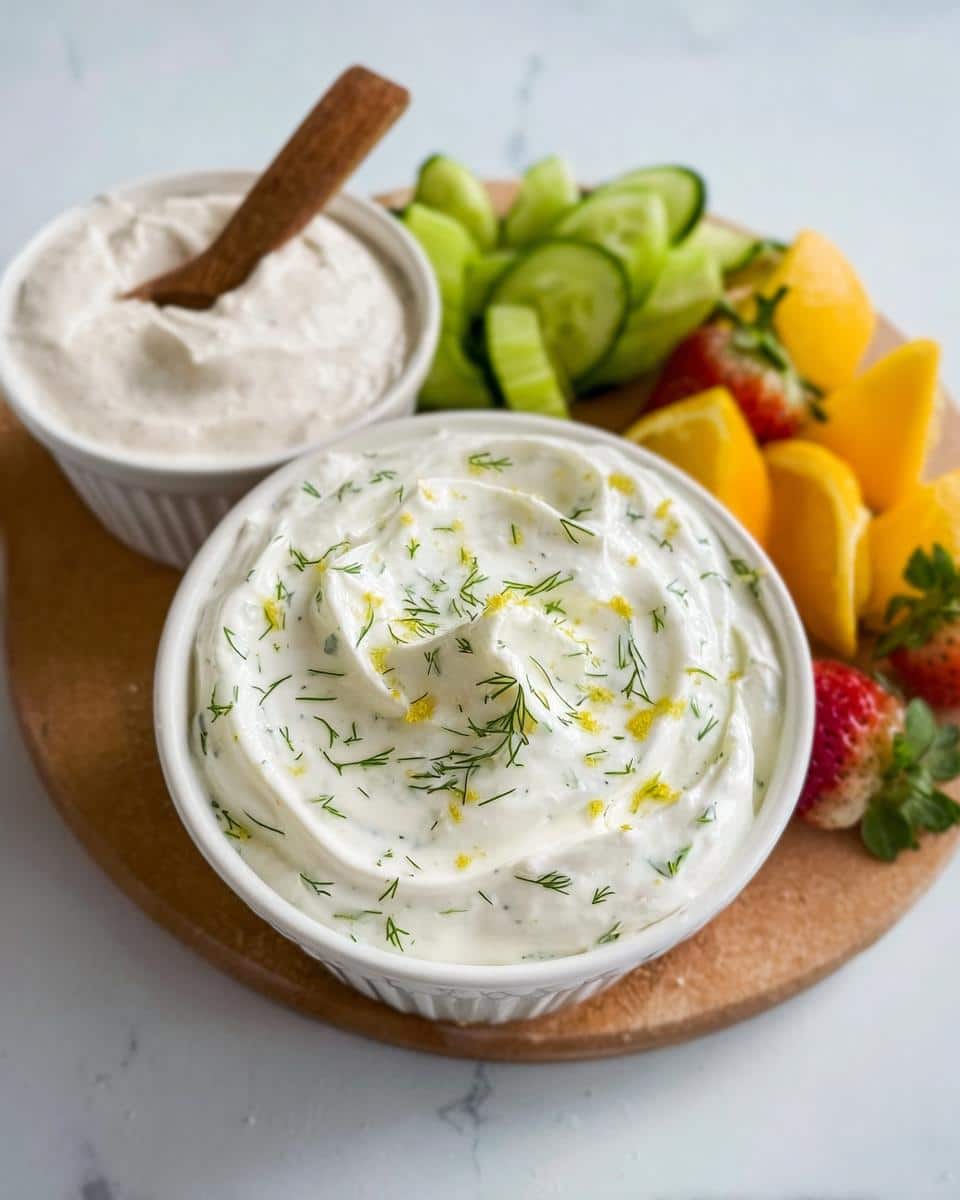 Two bowls of savory Greek Yogurt Snack Cups dip, one garnished with dill and lemon zest, served with fruit and cucumber slices.