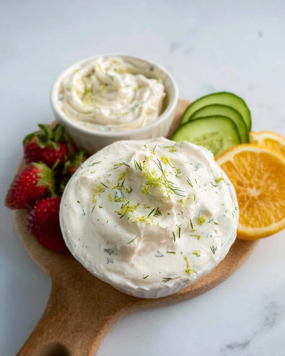 Two bowls of savory Greek Yogurt Snack Cups dip topped with lime zest and dill, served with strawberries and cucumber.