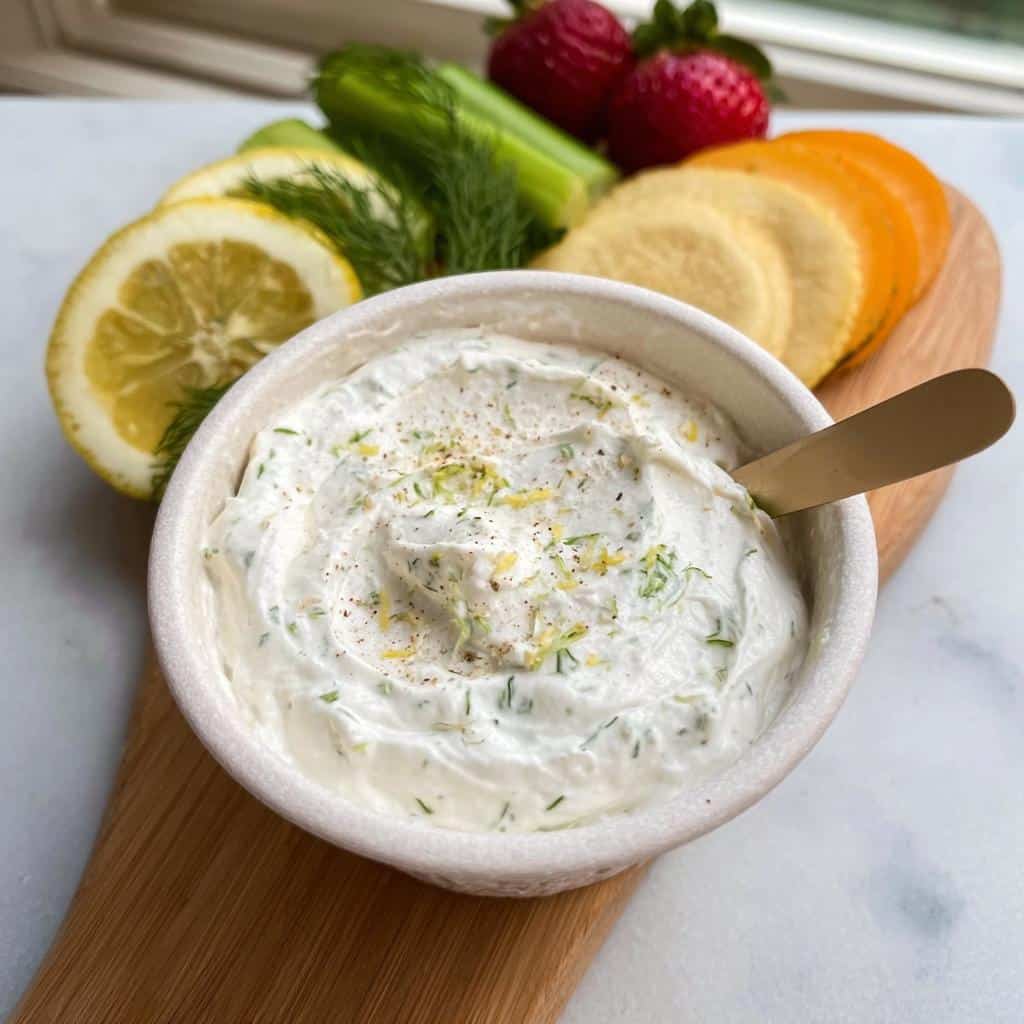 A small bowl of savory Greek Yogurt Snack Cups dip, topped with herbs and zest, served with lemon, celery, and crackers.