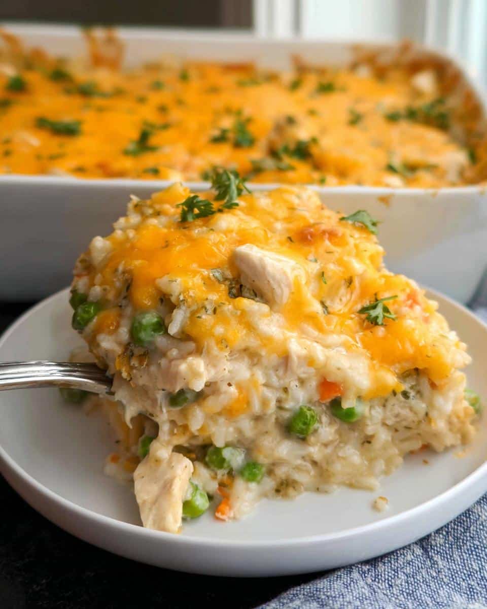 A serving of creamy Gluten-Free Chicken and Rice Casserole topped with melted cheddar cheese and parsley.