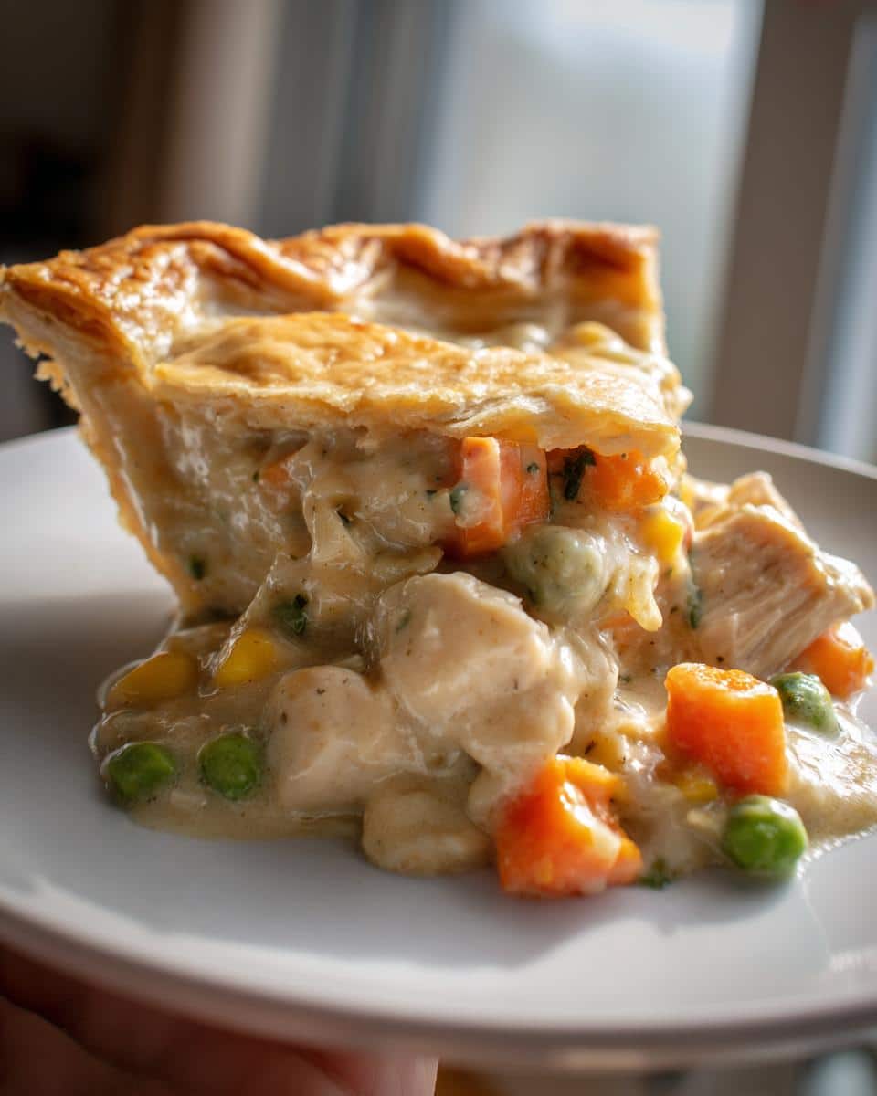 A close-up of a slice of chicken pot pie showing creamy Thermomix Chicken Pot Pie Filling with chicken, carrots, and peas.